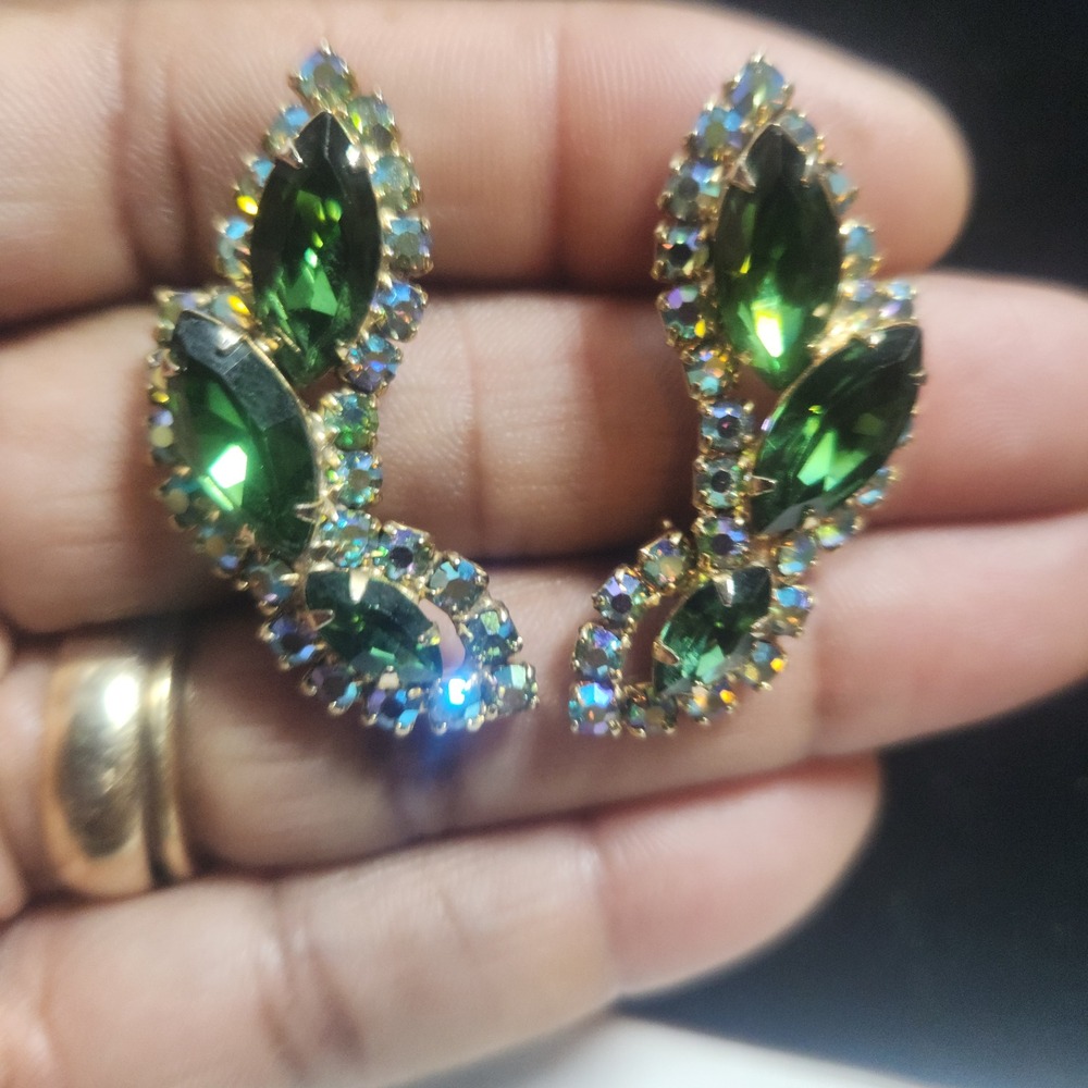 Emerald Green Marquise Crystal Aurora Borealis‎ AB Clip On Earrings Climber VTG